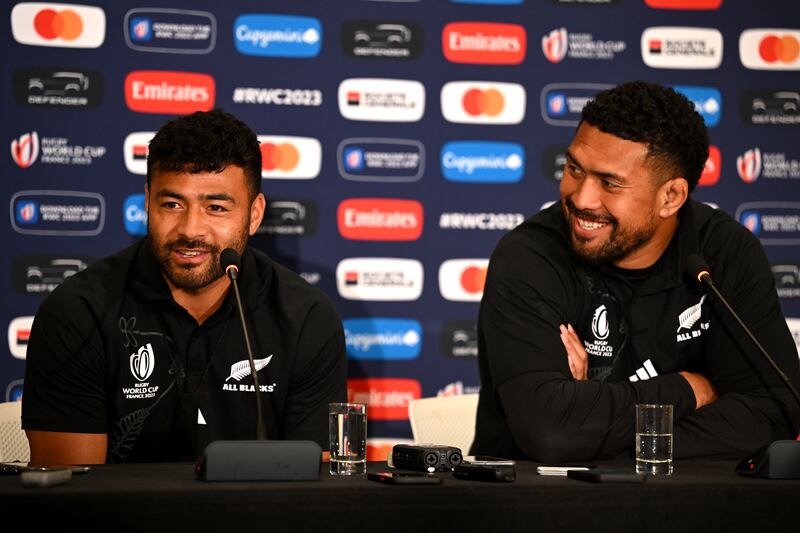 Richie Mo'unga and Ardie Savea face the media ahead of the quarter-final between New Zealand and Ireland. Photograph: Hannah Peters/Getty Images
