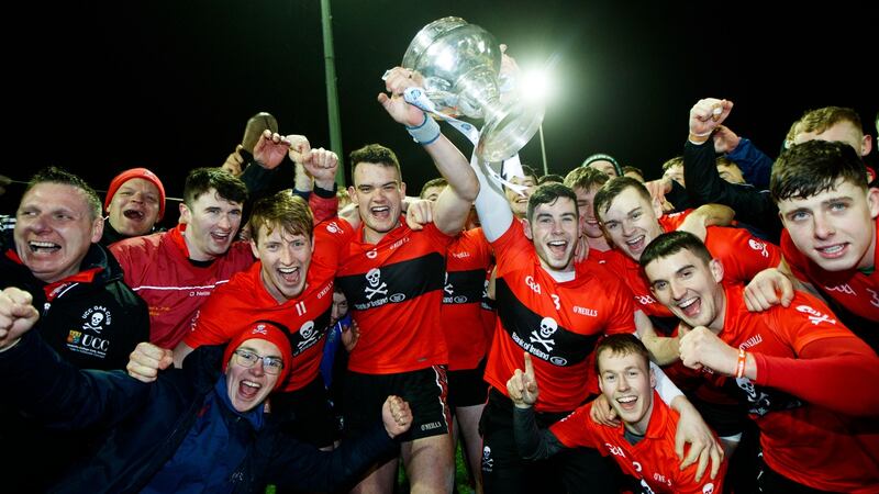 UCC players celebrate their victory over IT Carlow  in the Fitzgibbon Cup Final at DCU Sportsgrounds back in February. Photograph: James Crombie/Inpho