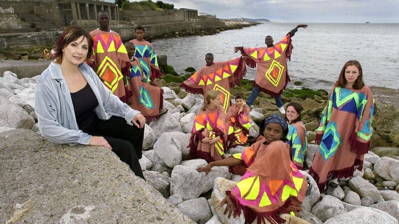 Moya Brennan at Monkstown Church with members of the Dublin Youth Theatre & Tower of Babel Group in August 2003. Photograph: Cyril Byrne