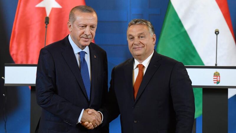 Turkish president Recep Tayyip Erdogan (left) and Hungarian prime minister Viktor Orban  following their meeting in Budapest. Photograph: EPA/Szilard Koszticsak