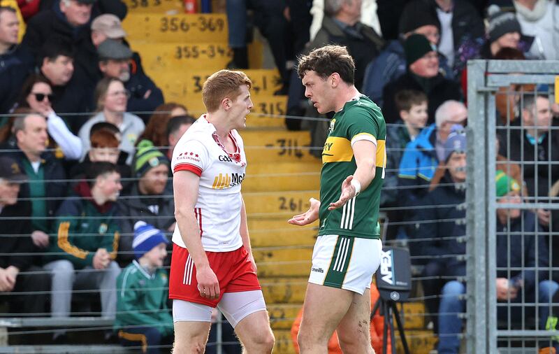 Tyrone's Peter Harte and David Clifford of Kerry square up to each other in Killarney. Photograph: Bryan Keane/Inpho