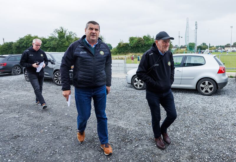 Making plans for Offaly: Joint managers Declan Kelly and Mickey Harte with then county board chairman Michael Duignan. Photograph: James Crombie/Inpho