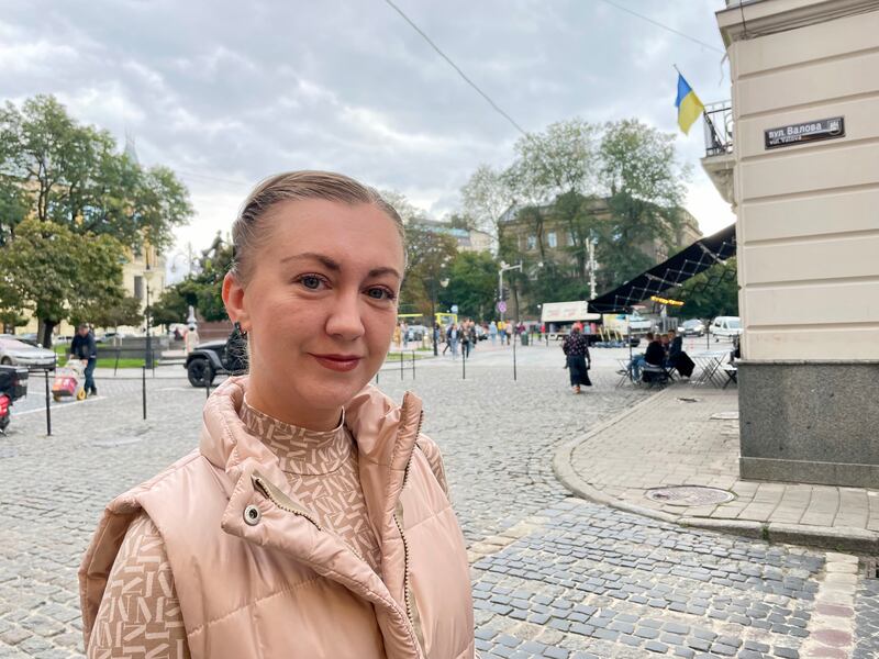 Ulyana Taras, whose husband Volodymyr Lazor joined the Ukrainian army with four friends to fight Russia's invasion. Two are now dead and one is missing in action. Photograph: Daniel McLaughlin