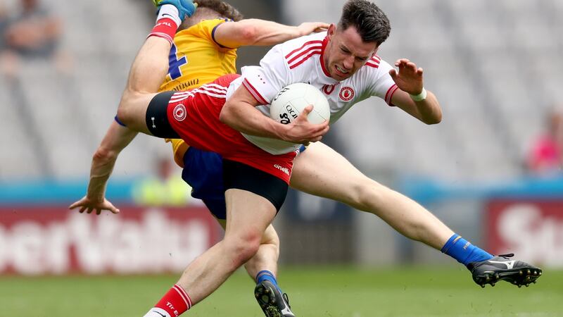 Roscommon’s Cathal Compton challenges Matthew Donnelly of Tyrone during the  All-Ireland SFC quarter-final Super 8 game at Croke Park. Photograph: James Crombie/Inpho
