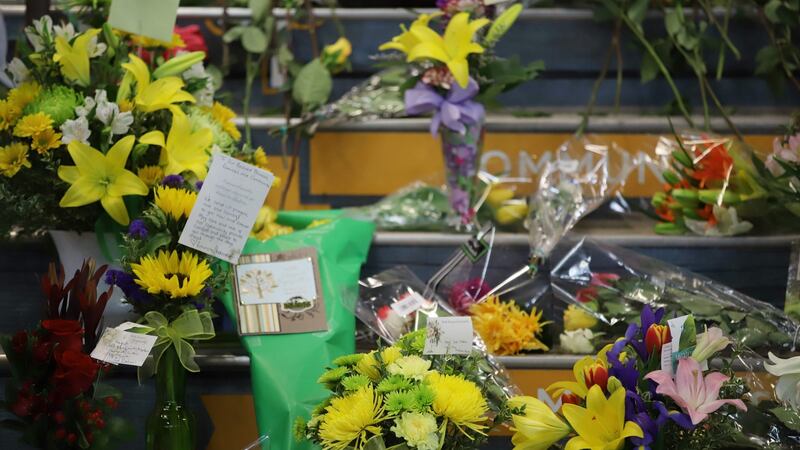 Flowers are left outside the Humboldt Uniplex ice-skating rink in memory of those who died when the local ice hockey team’s bus crashed. Photograph: Kymber Rae/AFP/Getty Images.