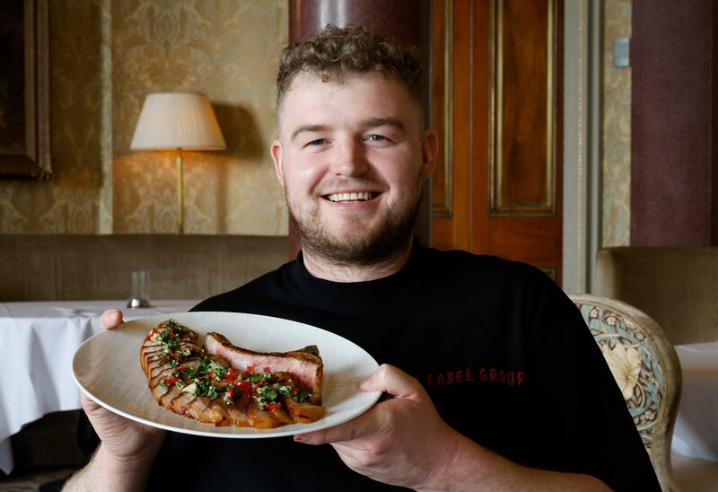 Adam Nevin of Carton House in Co Kildare with his barbecued free range pork chop and Jeow Som dressing. Photograph: Nick Bradshaw/The Irish Times