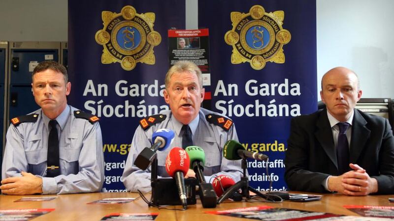 From left, Garda Insp Paul Costello,  Supt Brendan Connolly and Det Sgt David Harrington  at a press conference at Ballyfermot Garda station on Wednesday regarding  the disappearance of  Barry Corcoran.  Photograph: Colin Keegan/Collins