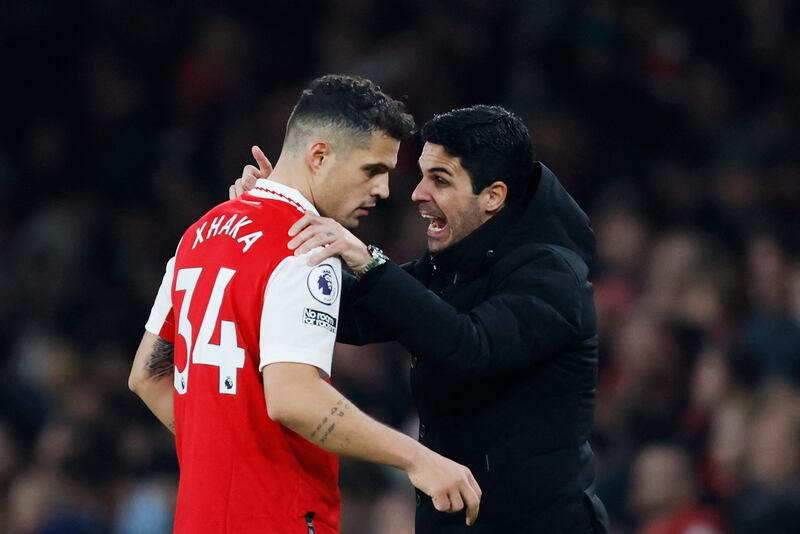 Arsenal's manager Mikel Arteta speaks to midfielder Granit Xhaka: Arsenal had their chance against City. At half-time, the Gunners had had 59.5 per cent of the ball. Photograph: Ian Kington/AFP/Getty