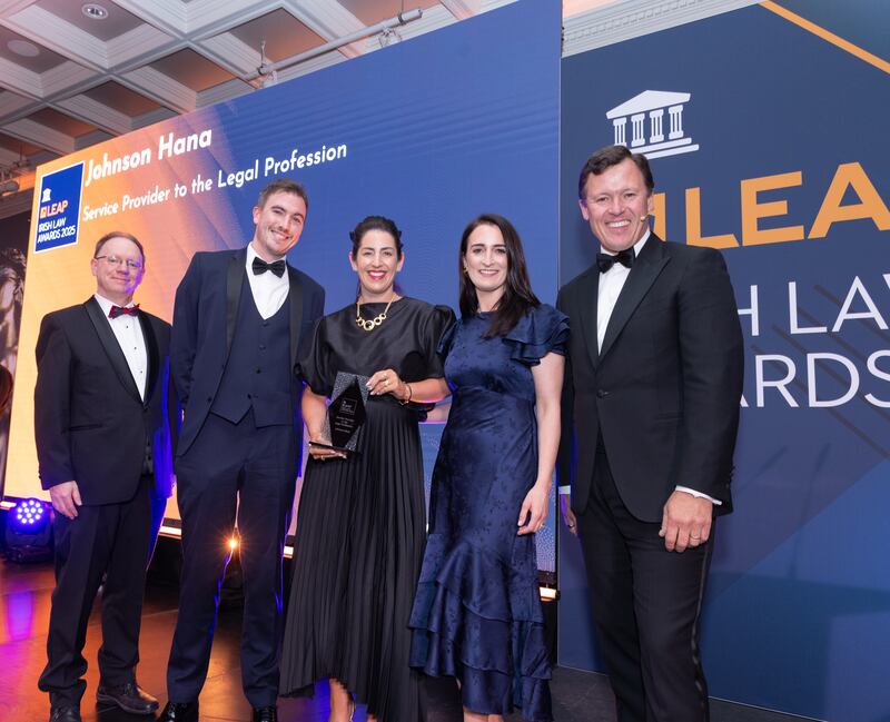 Richard Hammond, solicitor and partner at Hammond Good LLP and chair of the judging panel of the Leap Irish Law Awards; Sean O’Reilly, senior accountant manager at Johnson Hana; Riona McHale, CP of commercial at Johnson Hana; Emer O’Hora, head of legal and DPO at Johnson Hana; and Anton Savage, MC of the night. Photograph: Paul Sherwood