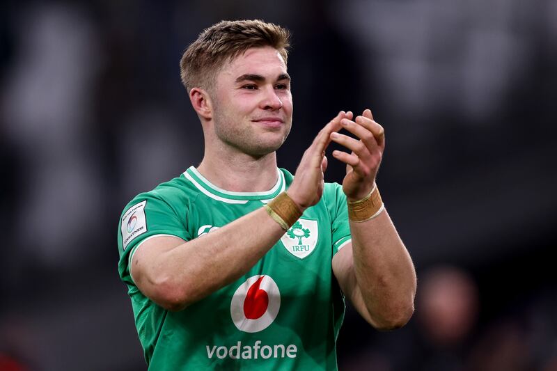 Job done: Jack Crowley applauds the fans following Ireland's stunning victory over France in Marseille. Photograph: Ben Brady/Inpho 