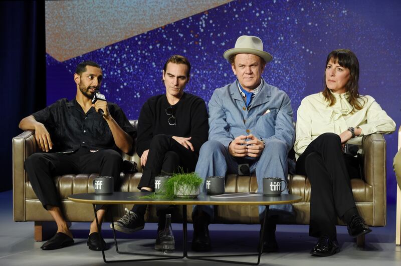 Rebecca Root with her costars from The Sisters Brothers, Riz Ahmed, Joaquin Phoenix and John C Reilly, at the 2018 Toronto International Film Festival. Photograph: Amanda Edwards/Getty Images