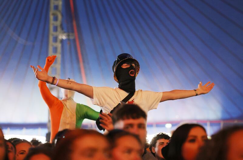 Electric Picnic: Kneecap fans watch at they perform on the Electric Arena stage. Photograph: Alan Betson
