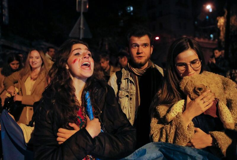 Ukrainians gather in front of the Iranian embassy in Kyiv on Monday to protest against the reported supply of Iranian-made drones to Russia. Photograph: Sergey Dolzhenko/EPA