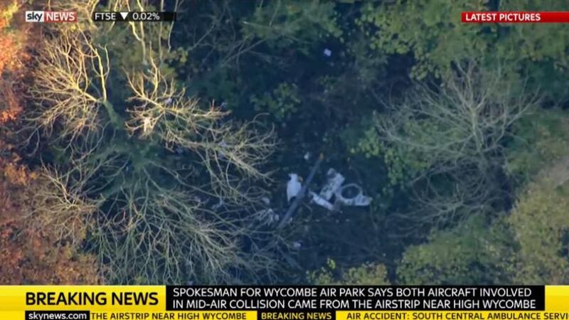 Video grab taken from Sky News of the scene near Waddesdon, in Buckinghamshire, where a mid-air collision between a helicopter and an aircraft has resulted in a “number of casualties”. Video grab: Sky News/PA Wire