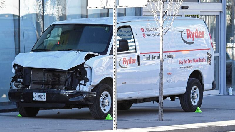 A damaged van seized by police is seen after multiple people were struck at a major intersection northern Toronto, Ontario, Canada. Photograph: Saul Porto/Reuters