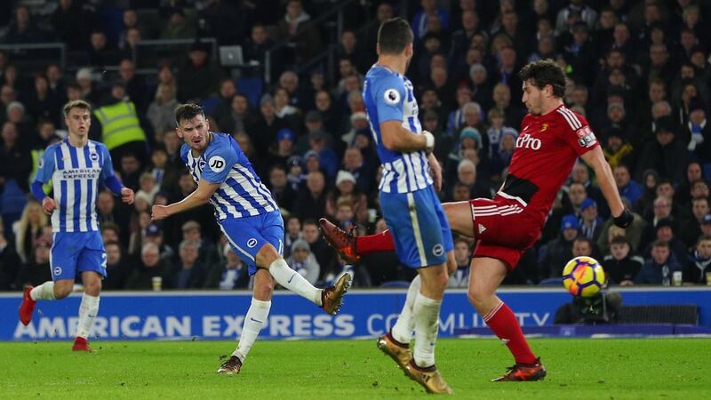 Brighton’s Pascal Gross scores in the premier League game against Watford at the American Express Community Stadium. Photograph: Hannah McKay/Reuters