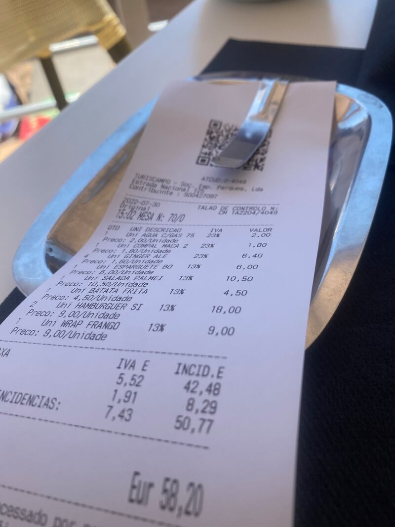 A receipt for “an excellent lunch for five people without any booze” for under €60