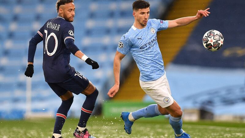 Ruben Dias gets to the ball ahead of Neymar during Man City’s win over PSG. Photopgraph: Paul Ellis/Getty/AFP