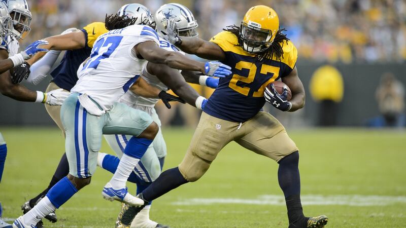 Eddie Lacy in action for the Green Bay Packers against the  Dallas Cowboys last October. In march he signed for the Seattle Seahawks. Photograph:  Hannah Foslien/Getty Images