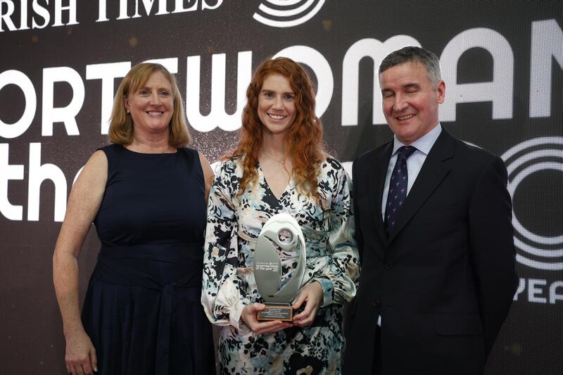 Louise Ní Mhuircheartaigh collecting the award at the Sportswoman of the Year awards. Photograph: Nick Bradshaw