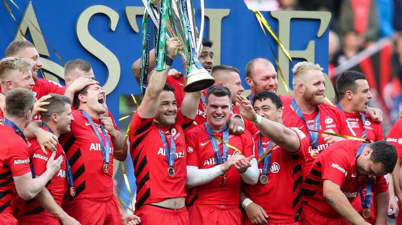 Saracens’ Brad Barritt lifts the Champions Cup after the victory over Leinster in last year’s final at St  James’ Park in Newcastle. Photograph: Andrew Fosker/Inpho