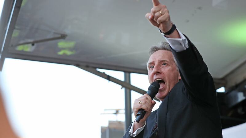 DUP MP Ian Paisley jnr onstage in Parliament Square, Westminster, during the March to Leave protest in London last month. Photograph: Steve Parsons/PA Wire