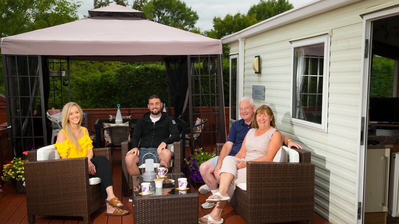 Maurice and Suzanne Hedderman with their son Luke and Luke’s girlfriend Jessica Rielly at Prospect Park Mobile Home Park, Ballymoney, Gorey, Co Wexford. Picture: Patrick Browne