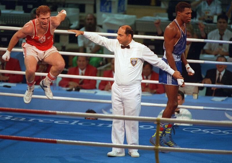Ireland's Michael Carruth celebrates winning a gold medal at the 1992 Barcelona Olympics. Photograph: James Meehan/Inpho