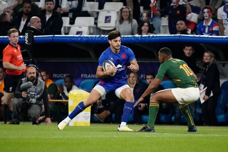 Romain Ntamack of France takes on Damian Willemse of South Africa during the autumn series clash at  Stade Velodrome, Marseille. Ntamack is benefiting from Dupont’s skills and now sits alongside any of today’s great attacking 10s. Photograph: Dave Winter/Inpho 