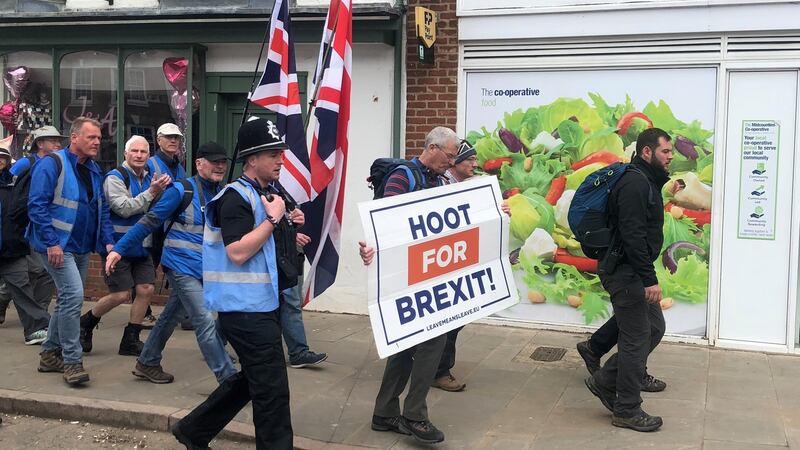 The Leave means Leave march departs Towcester. Photograph: Patrick Freyne