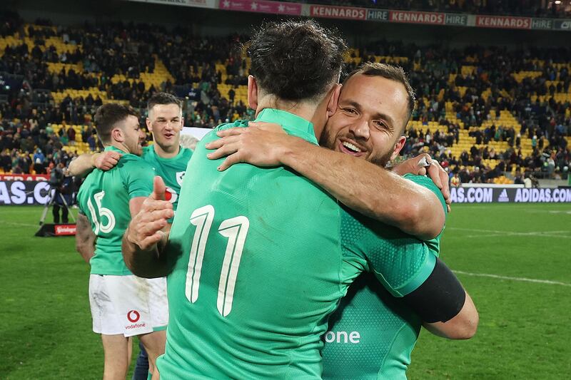 James Lowe and Jamison Gibson Park celebrate after Ireland's win over the All Blacks in Wellington. Photograph: Getty Images