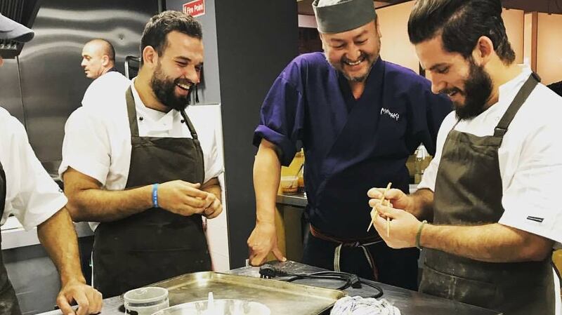 Syrian chefs Mhd Ahyam Orabi and  Ahmad Orabi sharing skills with Japanese chef Takashi Miyazaki at Far Fetched.