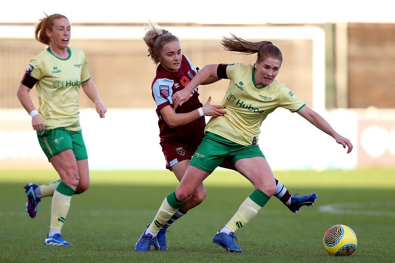 Izzy Atkinson of West Ham United challenges for the ball with Amy Rodgers of Bristol City during the Barclays Women´s Super League match. Photograph: Henry Browne/Getty Images