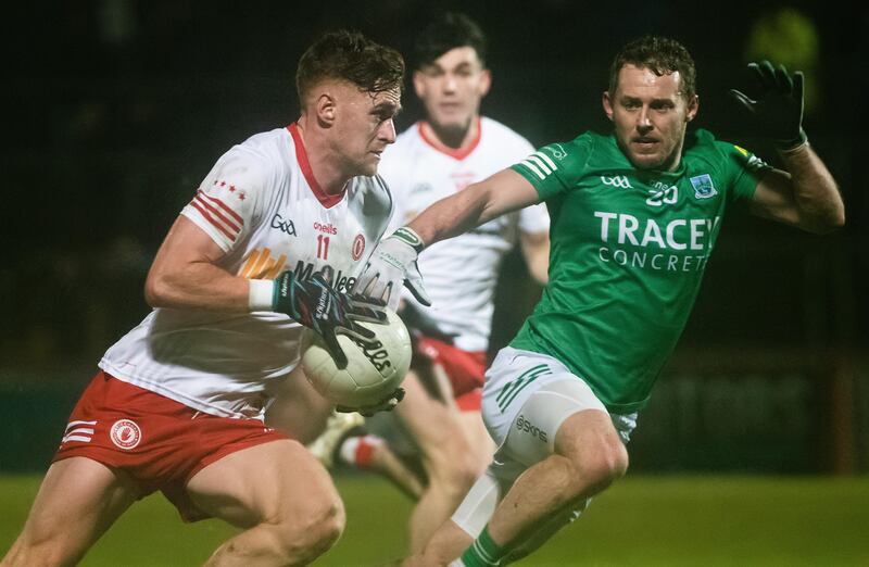 Tyrone's Conor Meyler and Fermanagh's Declan McCusker. Photograph: Evan Logan/Inpho