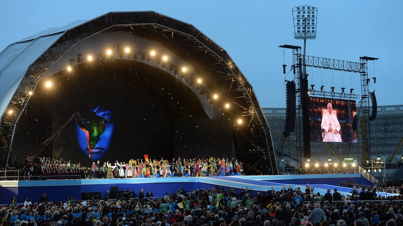 Pope Francis enjoying the performance at the celebration for a World Meeting of Families event at  Croke Park, Dublin. Photograph: Dara Mac Dónaill/The Irish Times