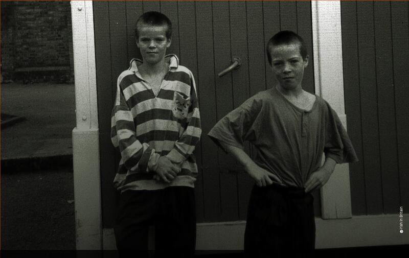 Two boys outside the Hammersmith and Fulham Irish Centre, London. Photograph: Irish in Britain