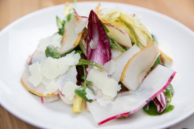Salad of pear, Elmhurst Cottage leaves, walnut and sheep’s yoghurt. Photograph: Naoise Culhane