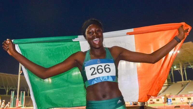 Rhasidat Adeleke  celebrates after winning the 200m final event  at the European Youth Olympic Festival in Baku, Azerbaijan. Photograph: Eóin Noonan/Sportsfile