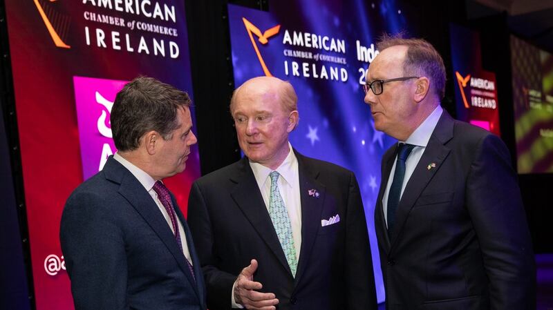 Minister for Finance, Public Expenditure and Reform Paschal Donohoe TD, left,  US Ambassador to Ireland Edward F Crawford, centre, and Mark Gantly, president of the American Chamber of Commerce Ireland at the chamber’s annual 4th of July lunch. Photograph: Naoise Culhane
