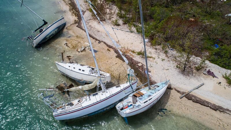 Sail boats washed ashore on Wisteria Island, Key West during Hurricane Irma.