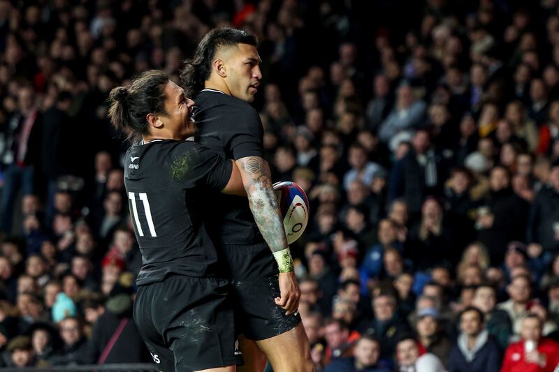 New Zealand's Rieko Ioane and Caleb Clarke. Photograph: James Crombie/Inpho