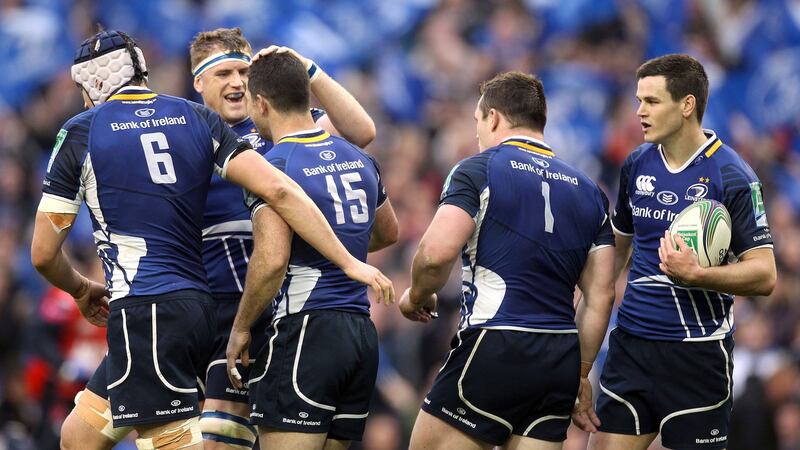 Leinster’s Rob Kearney celebrates his try with Kevin McLaughlin,  Jamie Heaslip,  Cian Healy and Johnny Sexton in the Heineken Cup quarter-final against Cardiff Blues at the Aviva Stadium. Photograph: Dan Sheridan/Inpho