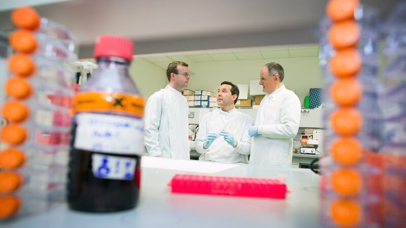 Announcing a research collaboration between Inflection Biosciences  and the Royal College of Surgeons  targeting treatment-resistant breast cancer are (from left): Prof Bryan Hennessy, senior clinical lecturer at RCSI and consultant medical oncologist;  Darren Cunningham, chief executive at Inflection Biosciences;  and Dr Michael O’Neill, director of research and development at Inflection. Photograph: Julien Behal