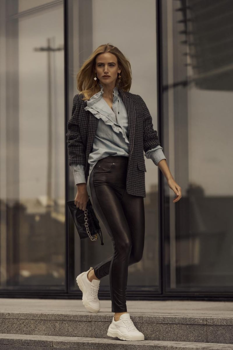 Check blazer €390, denim blouse €206 both Isabel Marant Etoile, premium leather leggings €148 Spanx, white trainers €520 Valentino, leather chain bag €435 Uzefi, gold triangle earrings €260 Isabel Marant