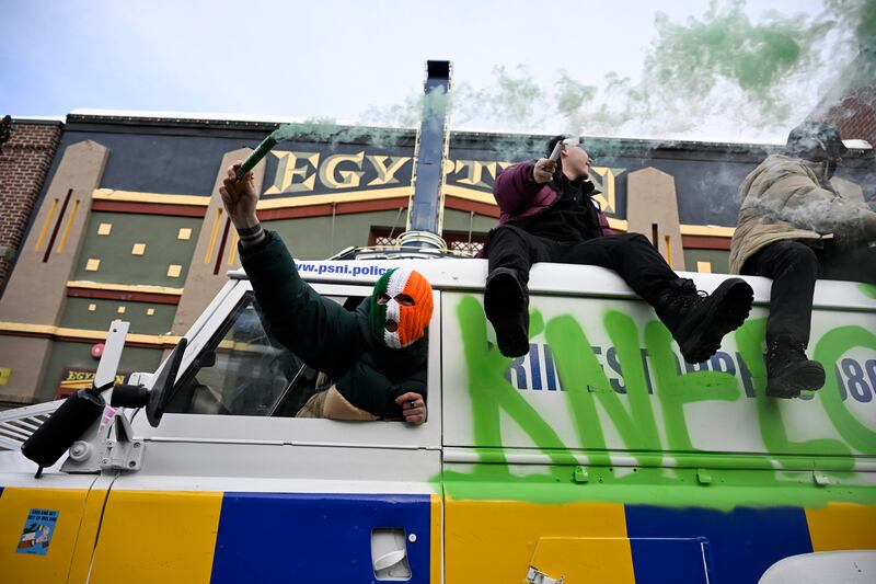 Kneecap: the group at Sundance in one of their trademark PSNI-style Land Rovers. Photograph: Michael Buckner/Deadline via Getty