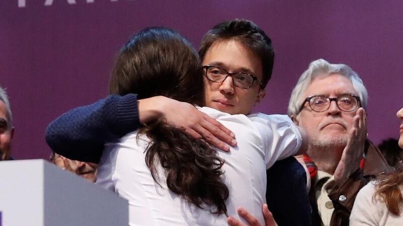 Pablo Iglesias  embraces Podemos deputy leader Íñigo Errejón. Mr Iglesias did not mention his deputy leader in his victory speech and many believe he will demote his erstwhile ally in a reshuffle. Photograph: Ballesteros/EPA