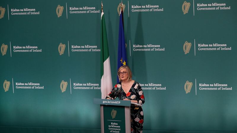 Liz Canavan, of the Department of the Taoiseach, during a media briefing on the coronavirus crisis at Government Buildings. Photograph: Brian Lawless/PA Wire