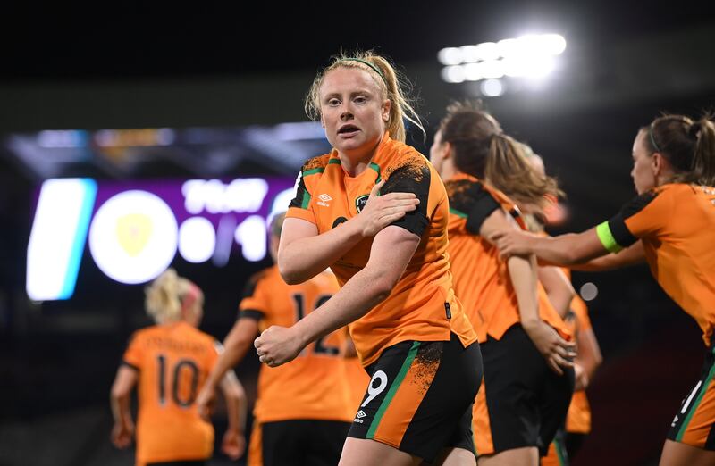 Amber Barrett celebrates after scoring the goal that sent Ireland to the World Cup. Photograph: Stephen McCarthy/Sportsfile