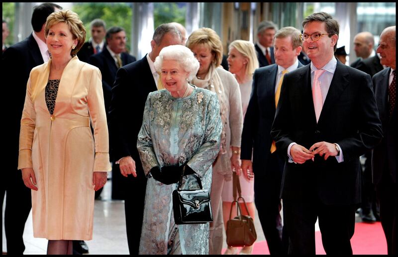 May 19th, 2011: President Mary McAleese and British ambassador Julian King accompany Queen Elizabeth II at the Convention Centre, Dublin. Photograph: Steve Humphreys/Independent News and Media/Getty Images