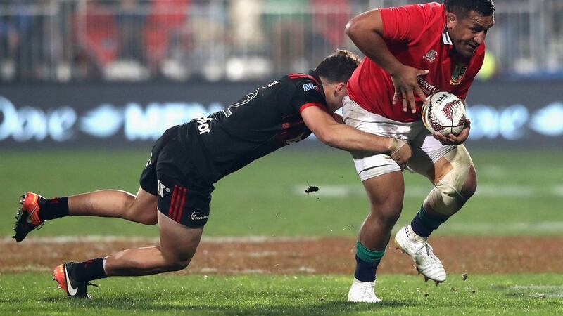 Mako Vunipola is tackled during the clash with Crusaders. Photo: David Rogers/Getty Images